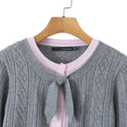 Women's Color-Block Argyle Openwork Crop Knit Cardigan Sweater