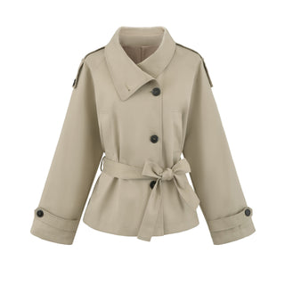 Women's Premium Short Stand Collar Trench Coat, Khaki Waist-Cinching Cropped Jacket for Petite