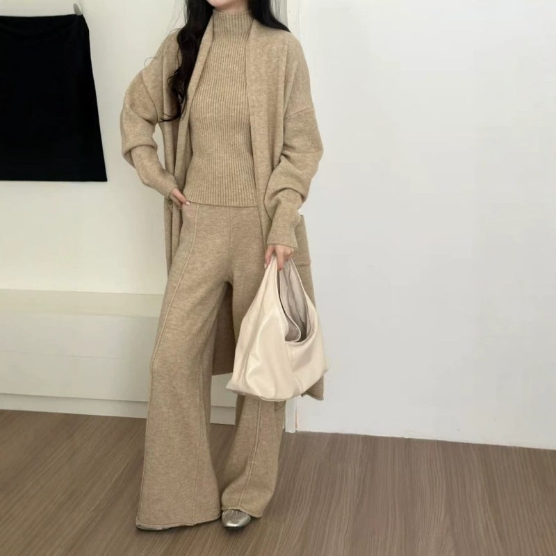 Solid color inner vest outer mid length cardigan high waist wide leg pants three piece set
