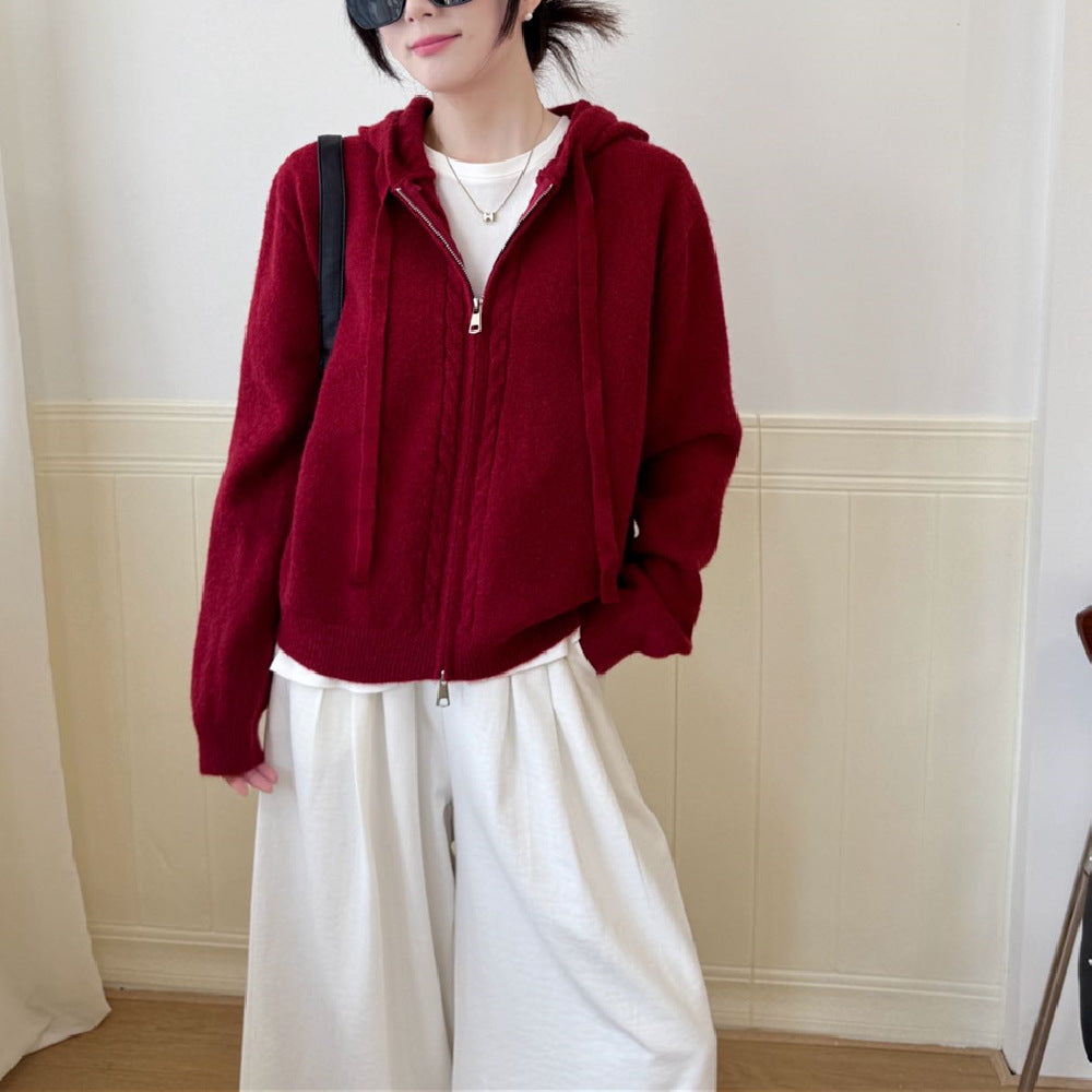 Hooded loose double zipper cardigan sweater
