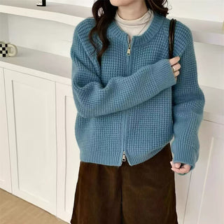 Round neck double zipper short sweater