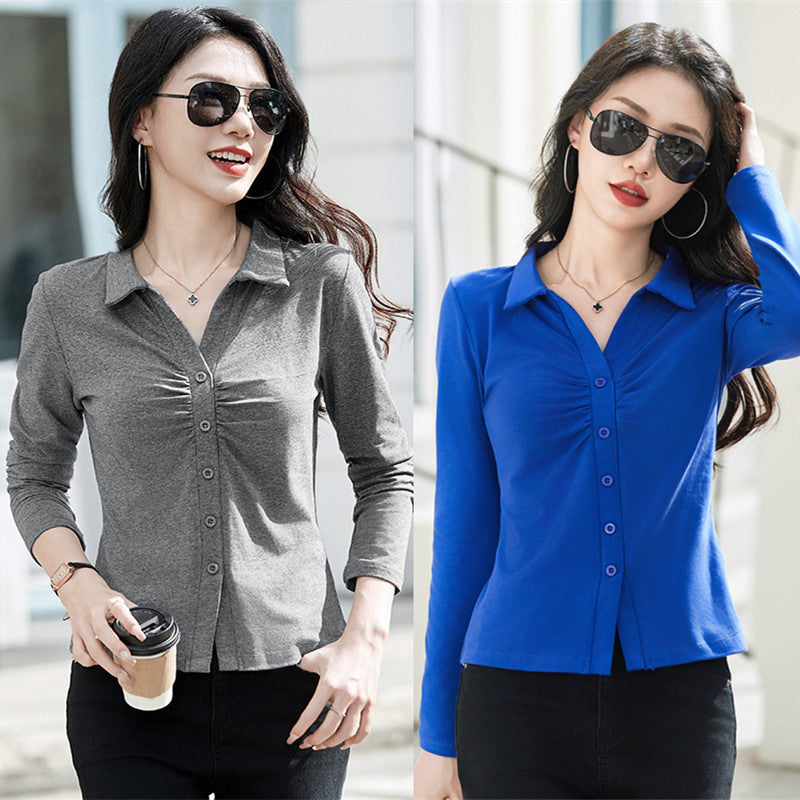 Polo collar long sleeved women's T-shirt