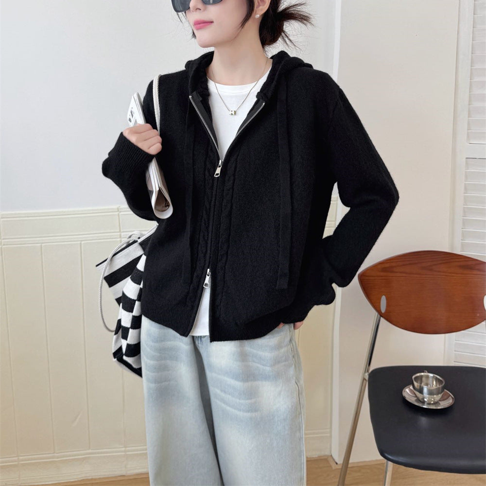 Hooded loose double zipper cardigan sweater