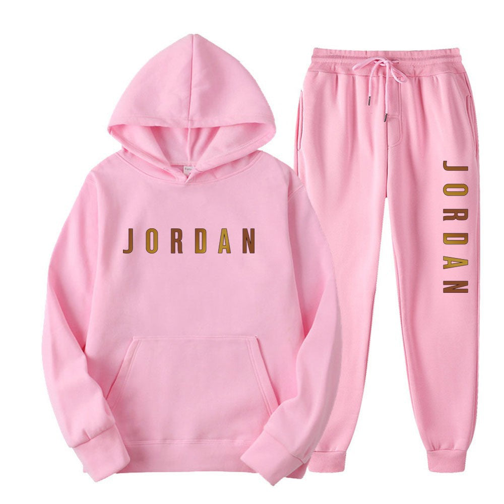 Gold Print Hooded Long Sleeve Fleece Lined Sports Casual Jacket and Pants Set