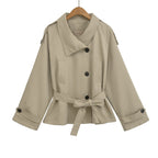 Women's Premium Short Stand Collar Trench Coat, Khaki Waist-Cinching Cropped Jacket for Petite