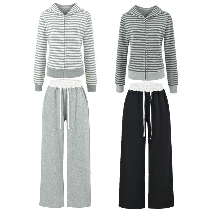 Women's Gray Striped Sweatshirt and Wide Leg Sweatpants Casual Loose Two-Piece Set