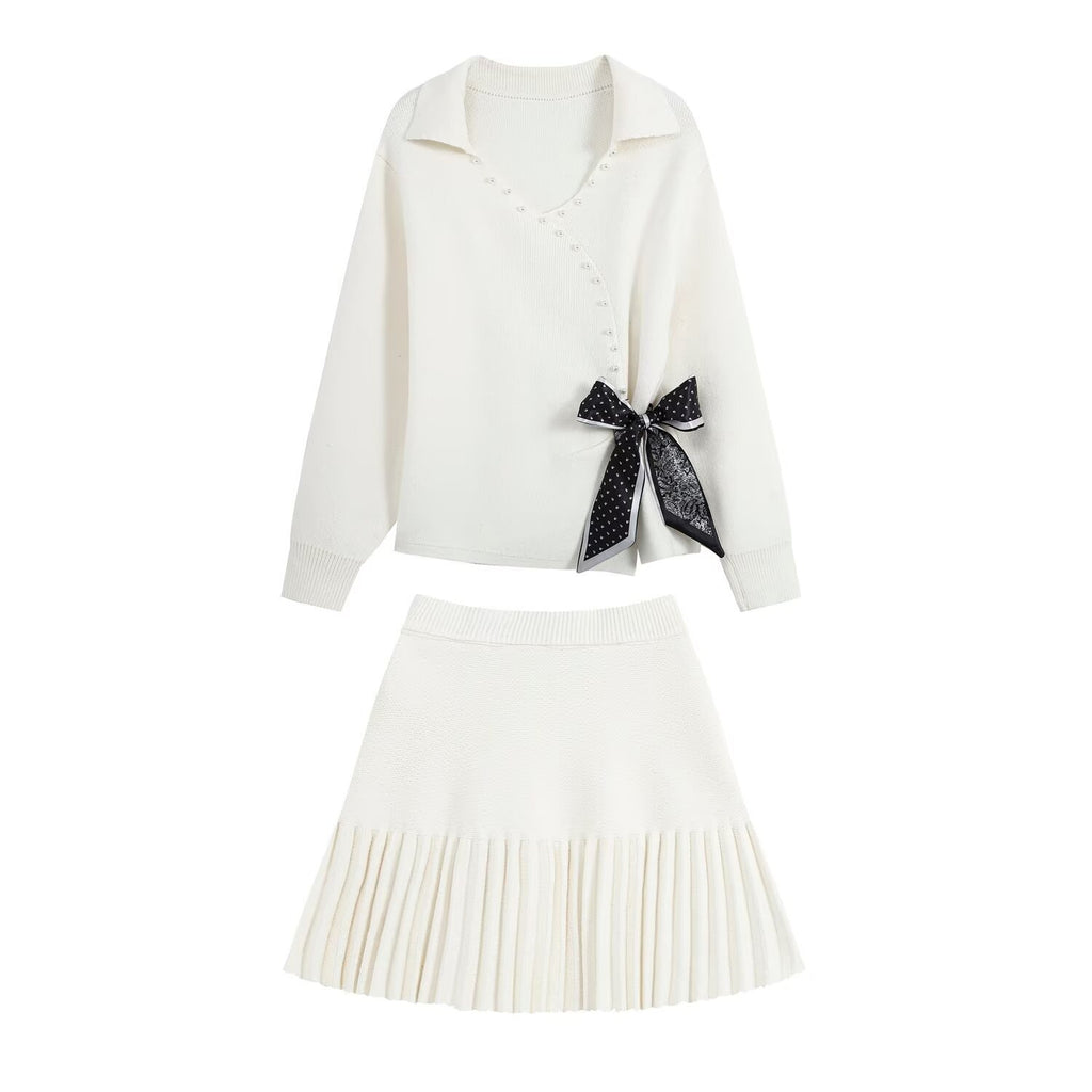 Irregular Knot Bow Tie Knitted Shirt Short Skirt Set for Women