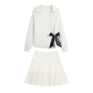 Irregular Knot Bow Tie Knitted Shirt Short Skirt Set for Women
