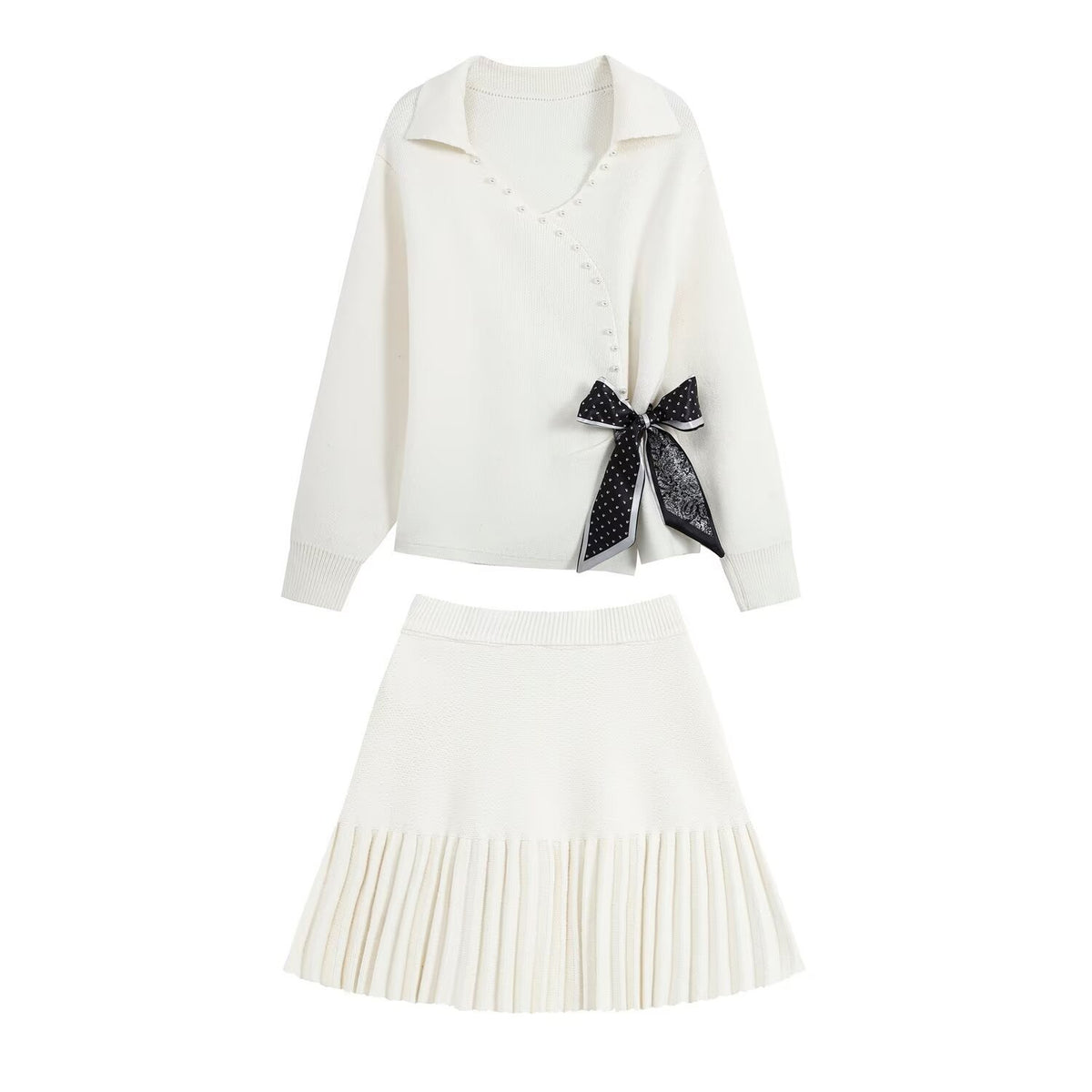 Irregular Knot Bow Tie Knitted Shirt Short Skirt Set for Women