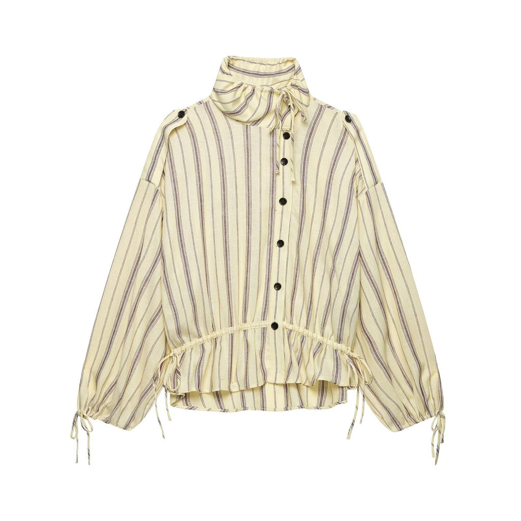 Lace up loose striped linen shirt+pants set for women