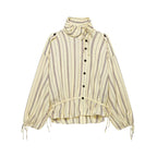 Lace up loose striped linen shirt+pants set for women