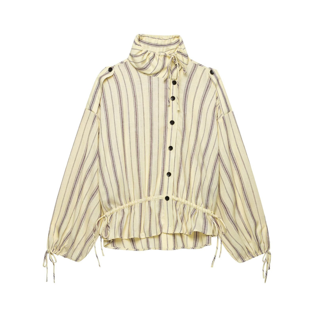 Lace up loose striped linen shirt+pants set for women