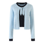 Women's Color-Block Argyle Openwork Crop Knit Cardigan Sweater