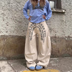 Casual  Street Style Printed Letter Loose Wide-Leg Denim Pants for Men and Women