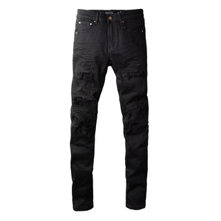 Men's Slim Fit Stretch Black Distressed Patch Vintage Jeans