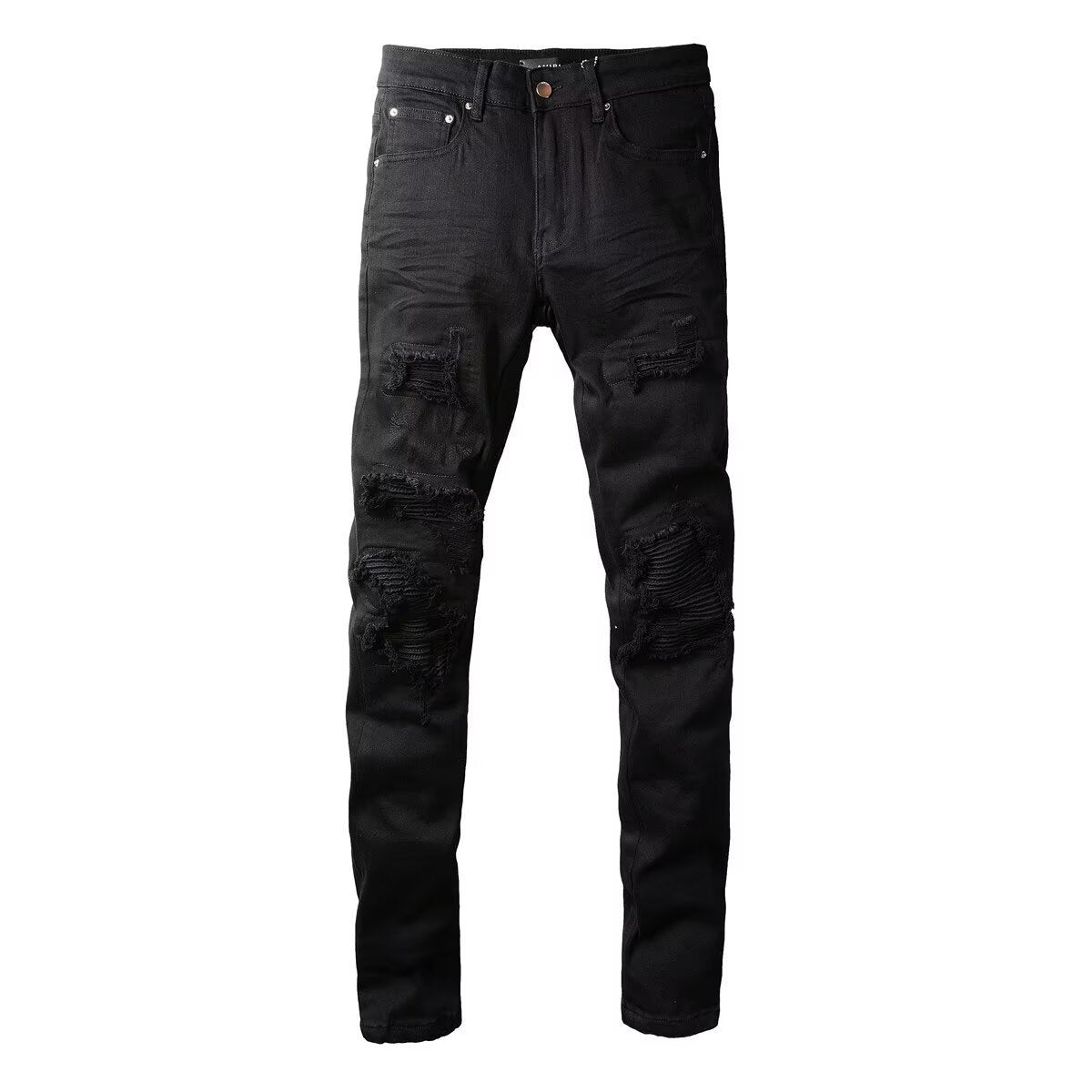 Men's Slim Fit Stretch Black Distressed Patch Vintage Jeans