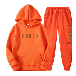 Gold Print Hooded Long Sleeve Fleece Lined Sports Casual Jacket and Pants Set