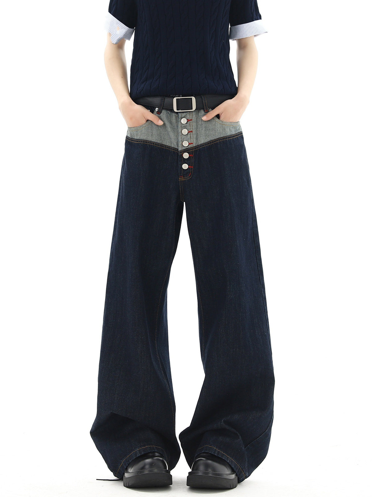 Stylish Button-Down Denim Pants for Men, Summer High Street Trendy Loose Straight Leg Wide Leg Drop Crotch Long Pants