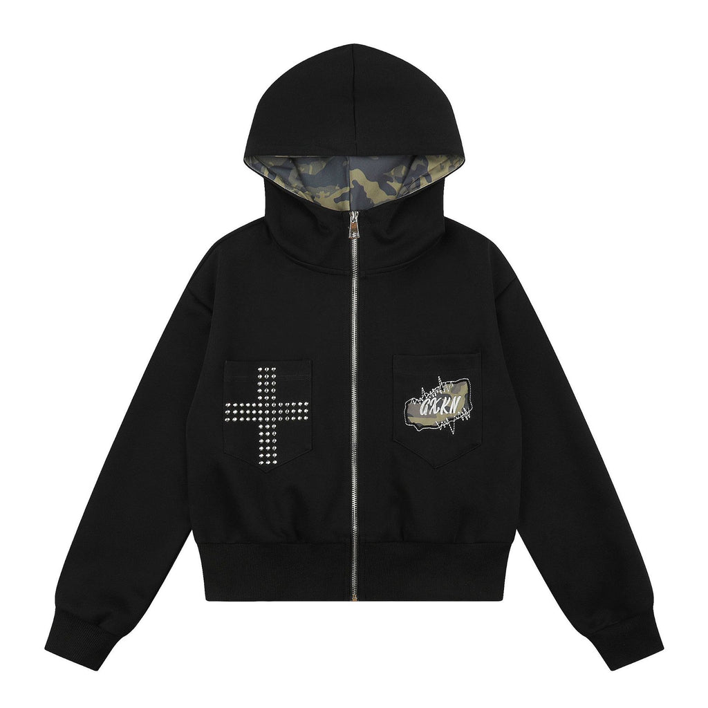 Lined Hooded Zip-Up Jacket Loose Casual Fit with Rhinestone Cross Patch