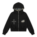 Lined Hooded Zip-Up Jacket Loose Casual Fit with Rhinestone Cross Patch