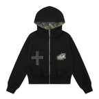 Lined Hooded Zip-Up Jacket Loose Casual Fit with Rhinestone Cross Patch