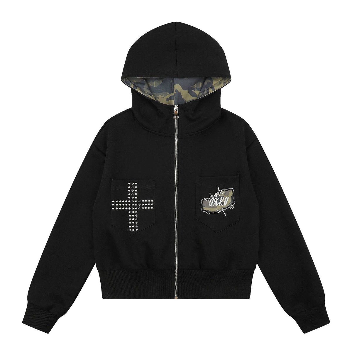 Lined Hooded Zip-Up Jacket Loose Casual Fit with Rhinestone Cross Patch