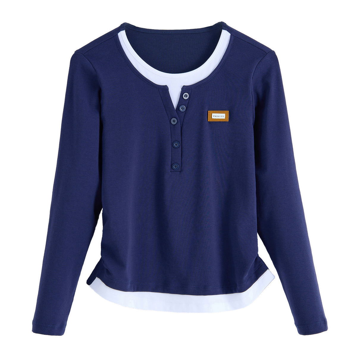 Color blocked fake two piece long sleeved T-shirt for women
