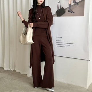 Solid color inner vest outer mid length cardigan high waist wide leg pants three piece set