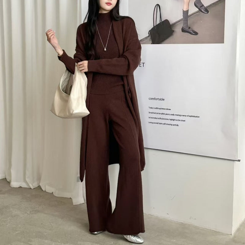 Solid color inner vest outer mid length cardigan high waist wide leg pants three piece set