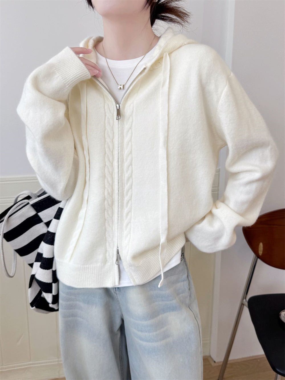 Hooded loose double zipper cardigan sweater