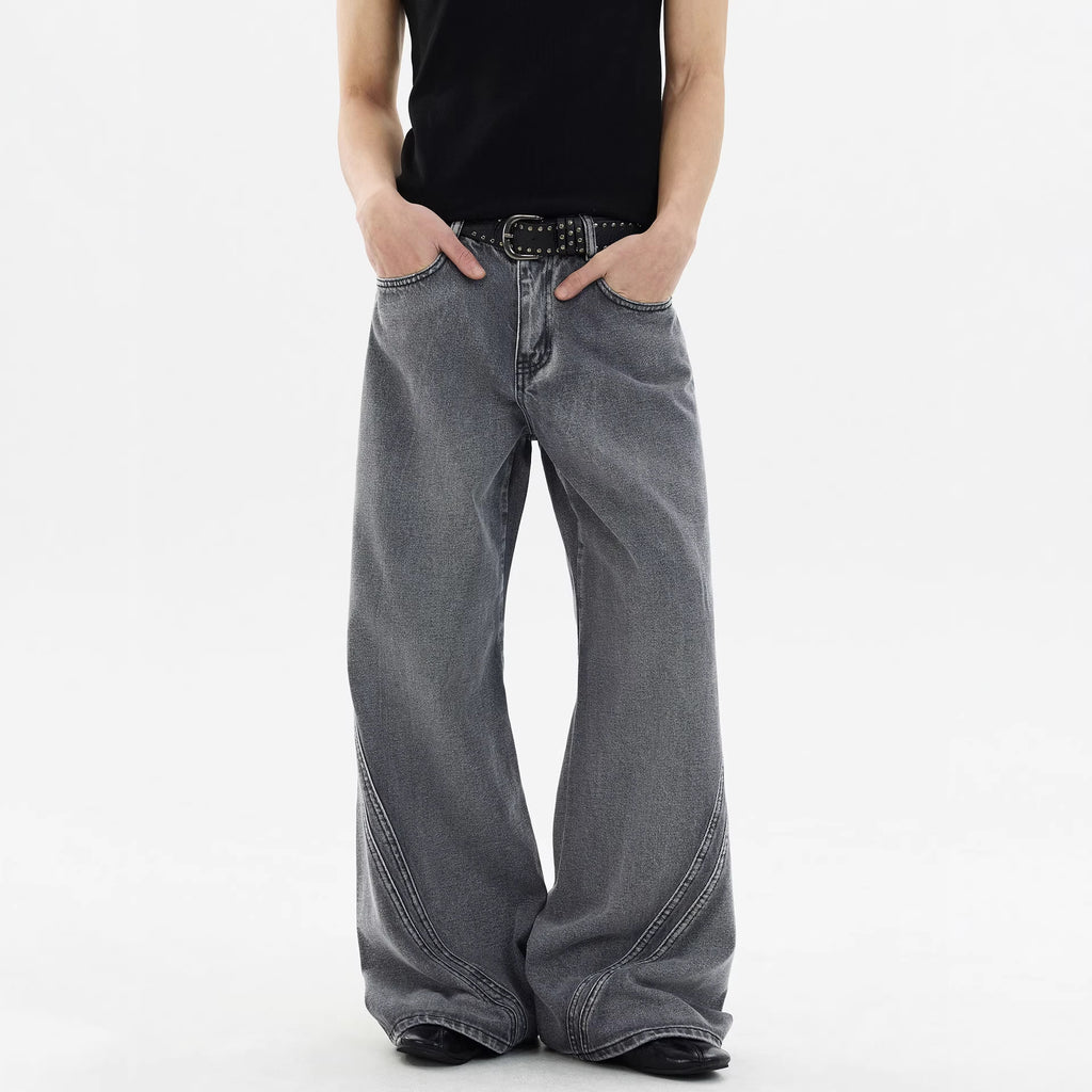 Street Style Vintage Washed Denim Pants for Men, Loose Straight Leg Wide Leg Fashionable Design Pants