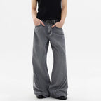 Street Style Vintage Washed Denim Pants for Men, Loose Straight Leg Wide Leg Fashionable Design Pants