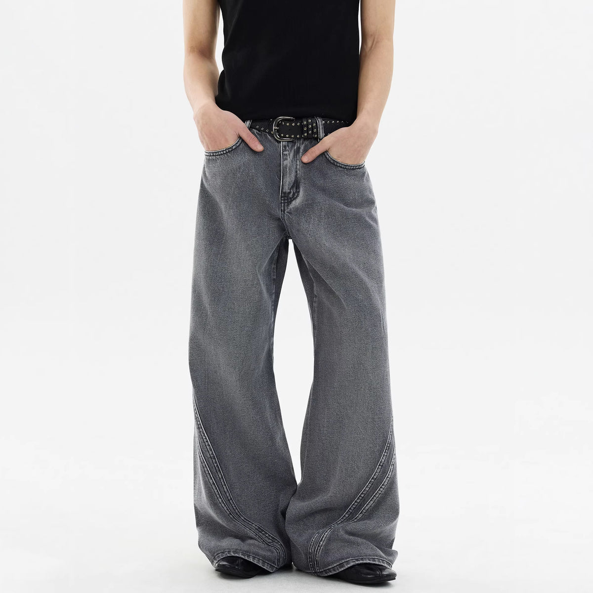 Street Style Vintage Washed Denim Pants for Men, Loose Straight Leg Wide Leg Fashionable Design Pants