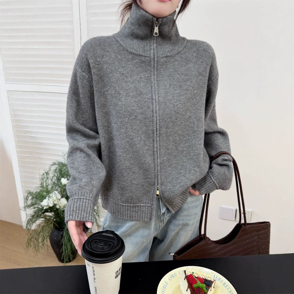 Stand up collar zipper sweater for women