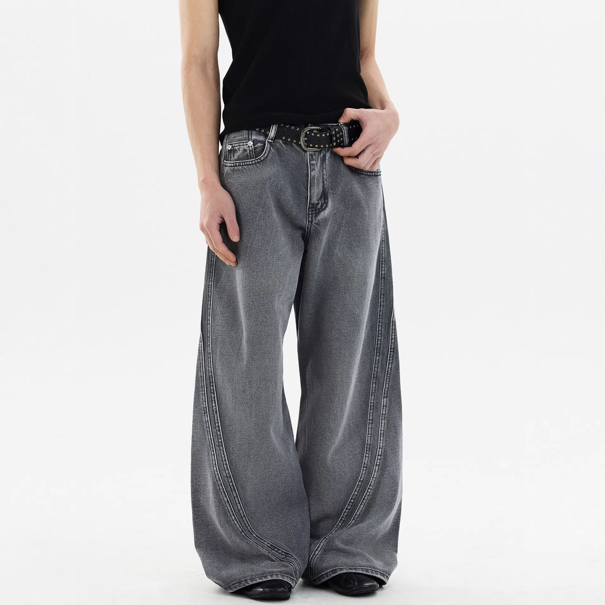 Street Style Vintage Washed Denim Pants for Men, Loose Straight Leg Wide Leg Fashionable Design Pants