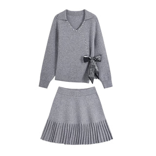 Irregular Knot Bow Tie Knitted Shirt Short Skirt Set for Women