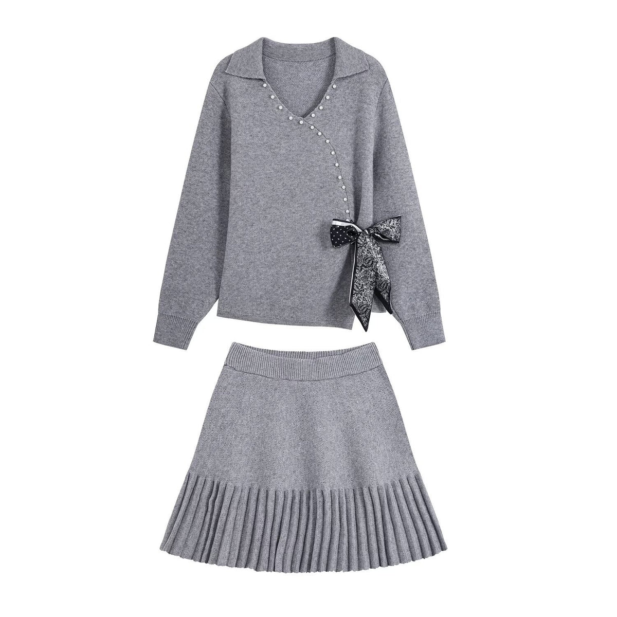 Irregular Knot Bow Tie Knitted Shirt Short Skirt Set for Women