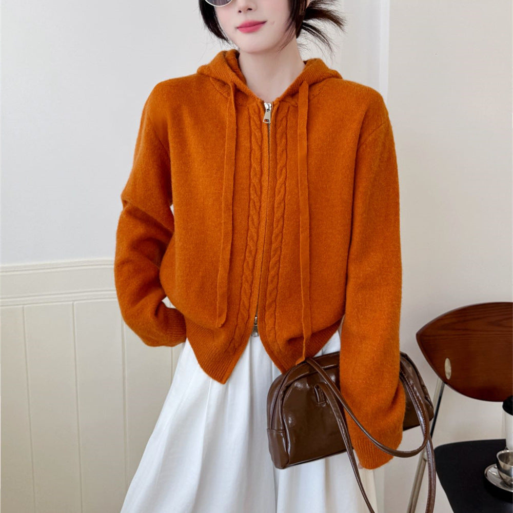 Hooded loose double zipper cardigan sweater