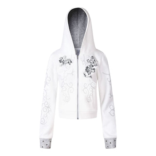 Women's Punk Print Hooded Zip-Up Jacket Slim Fit Casual Rivet Fleece Coat