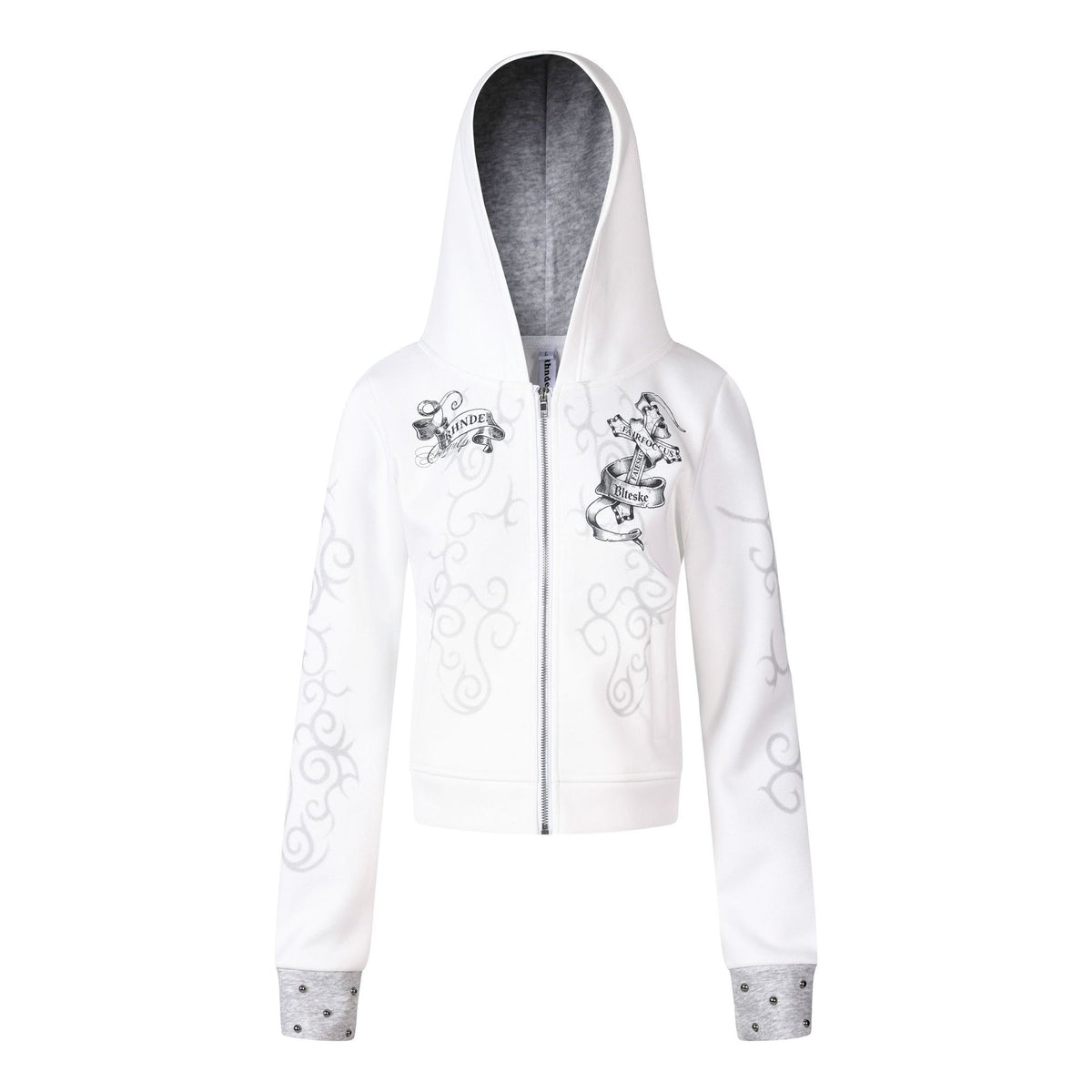 Women's Punk Print Hooded Zip-Up Jacket Slim Fit Casual Rivet Fleece Coat