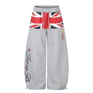 Color Block Flag Print Badge Embroidery Drawstring Loose Wide Leg Sweatpants