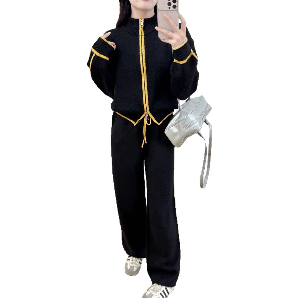 Color blocked zipper cardigan two-piece set