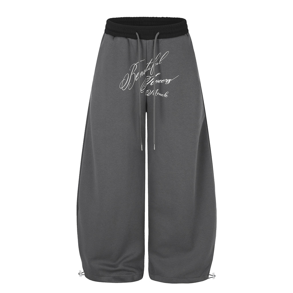Tapered Wide-Leg Sweatpants with Contrast Color-Block Waistband and Art Letter Embroidery