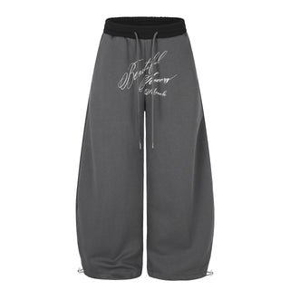 Tapered Wide-Leg Sweatpants with Contrast Color-Block Waistband and Art Letter Embroidery