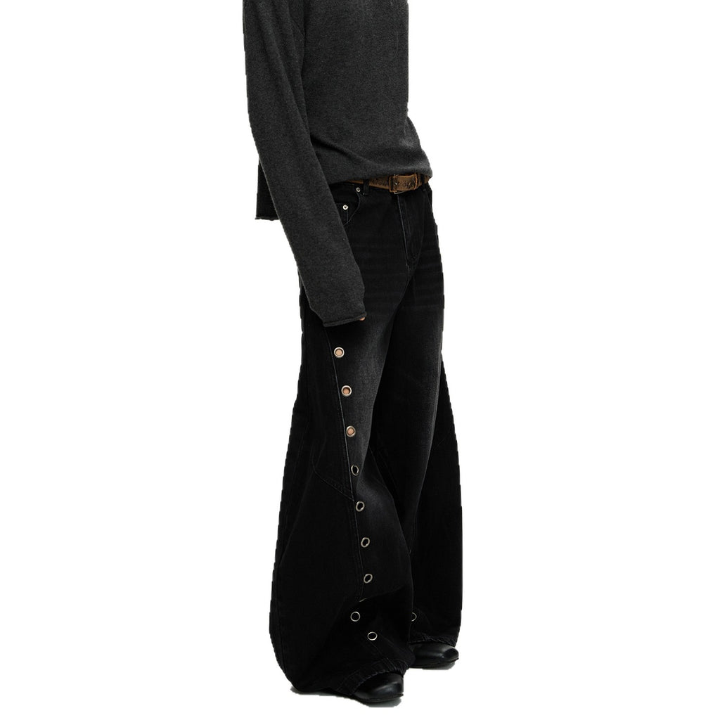 Retro Knife-Edge Washed Distressed Denim Pants Men Cleanfit Silhouette Loose Straight Leg Wide Leg Long Trousers Trendy