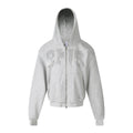 Heavy Rhinestone Letter Zip Up Hooded Sweatshirt Loose Fit Raw Hem Cardigan