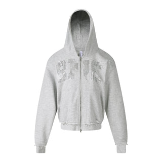 Heavy Rhinestone Letter Zip Up Hooded Sweatshirt Loose Fit Raw Hem Cardigan