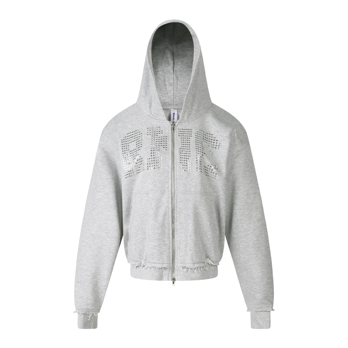 Heavy Rhinestone Letter Zip Up Hooded Sweatshirt Loose Fit Raw Hem Cardigan