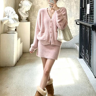 V-neck sweater short skirt set