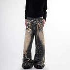 Heavyweight Printed Streetwear Denim Pants with Chain Detail Straight Leg Long Trousers for Men and Women